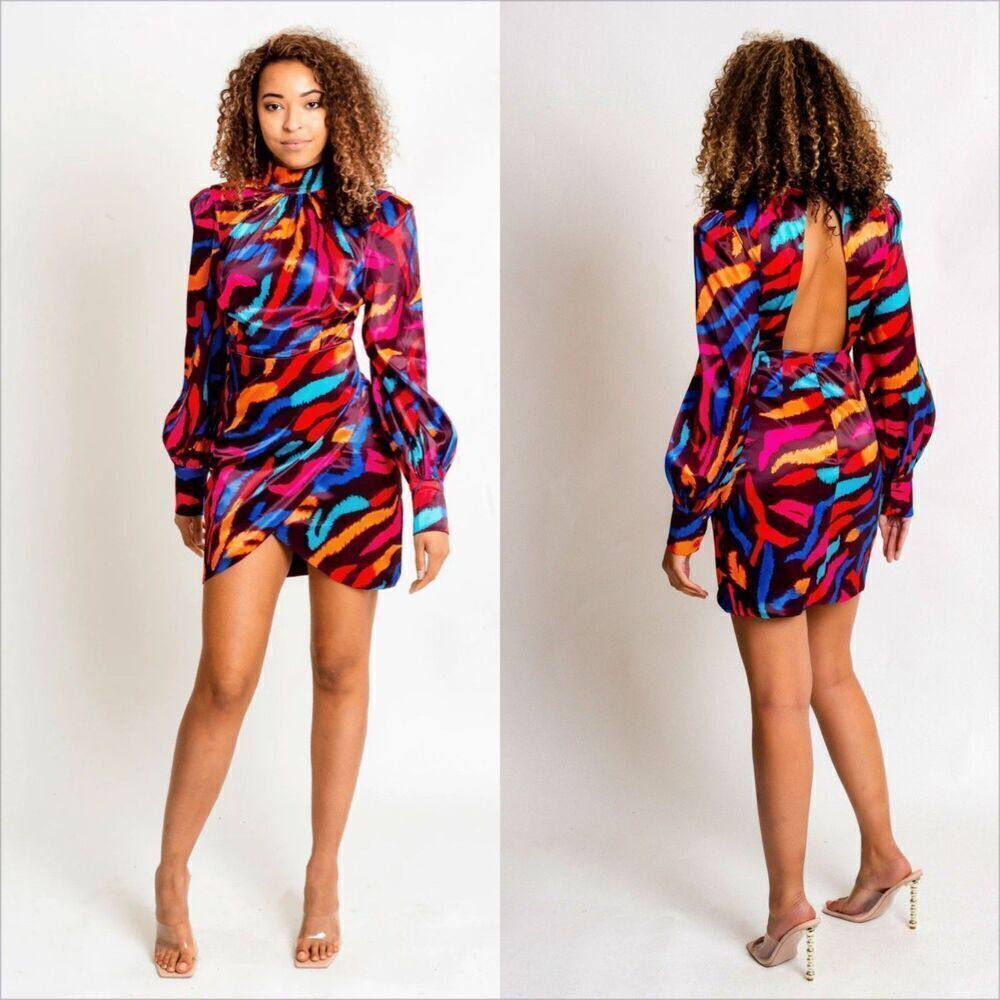 L'atiste Mini Dress Size Medium NEW Back Cutout Colorful Puff Shoulder Party